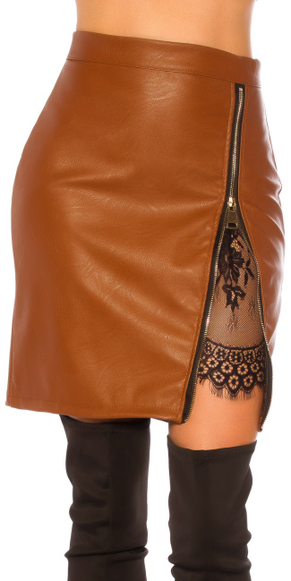 Leather Look Skirt with a Slit Brown